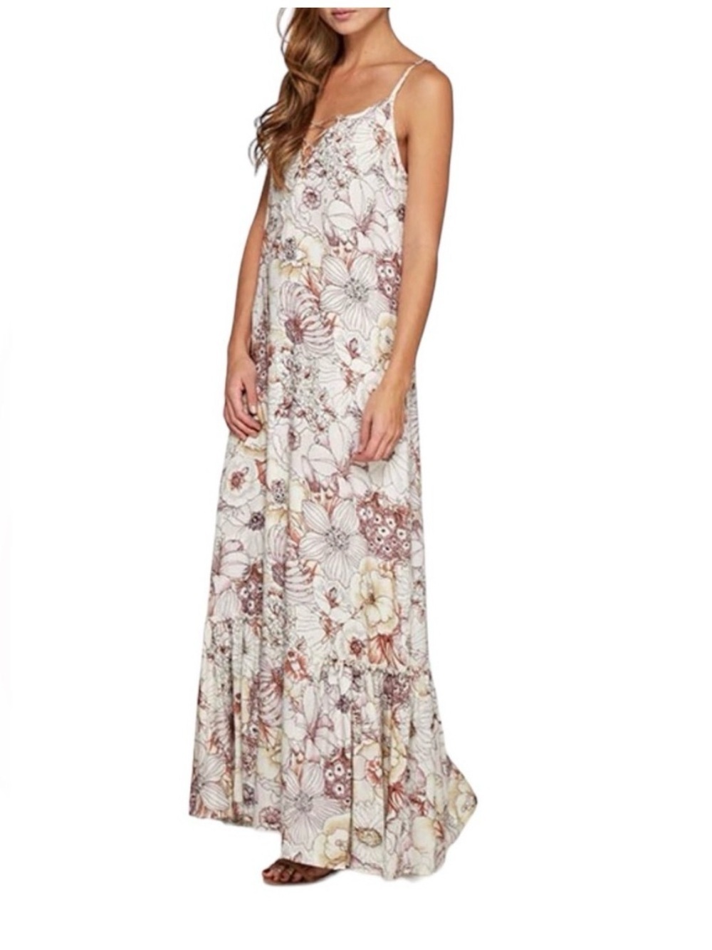 Love stitch Floral Lace-Up Maxi Dress in Cream and Mauve